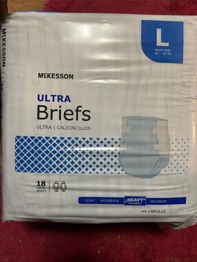McKesson L Adult Diapers Briefs
Size Large. 18 in package. Several available.